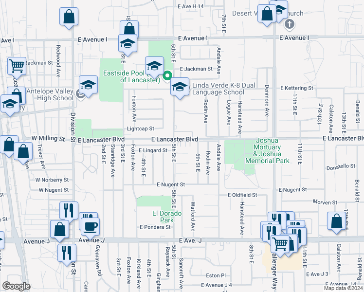 map of restaurants, bars, coffee shops, grocery stores, and more near 528 East Lancaster Boulevard in Lancaster