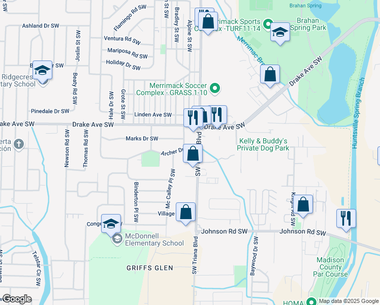 map of restaurants, bars, coffee shops, grocery stores, and more near 3816 Triana Boulevard Southwest in Huntsville