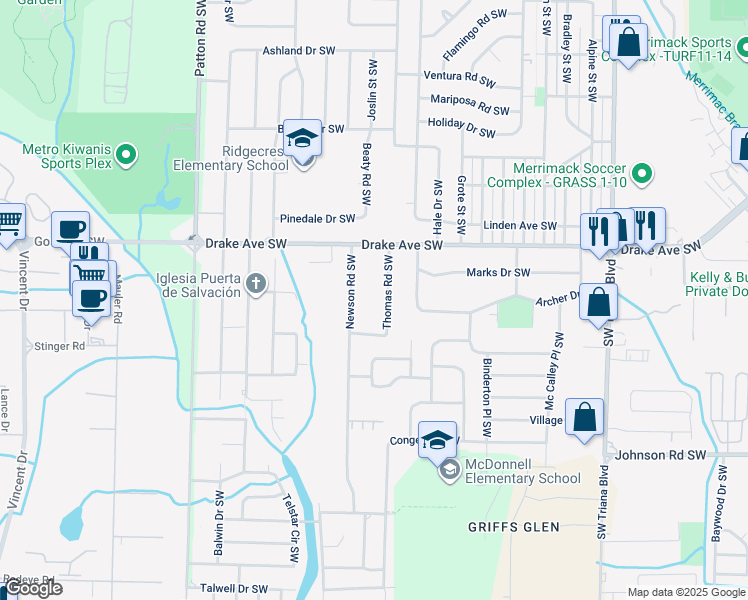 map of restaurants, bars, coffee shops, grocery stores, and more near 3905 Thomas Road Southwest in Huntsville