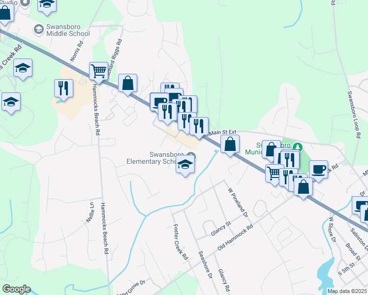 map of restaurants, bars, coffee shops, grocery stores, and more near 1 Port West in Swansboro