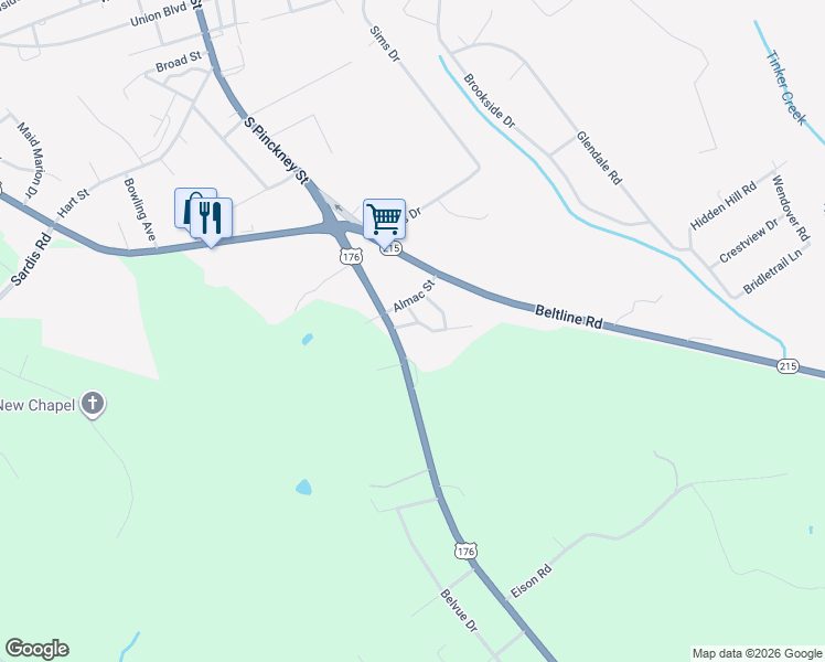 map of restaurants, bars, coffee shops, grocery stores, and more near 112 City View Circle in Union