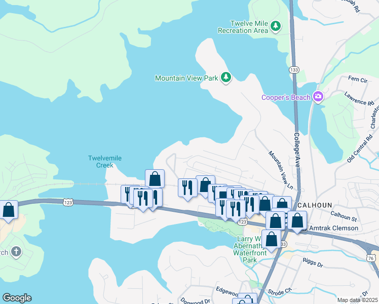 map of restaurants, bars, coffee shops, grocery stores, and more near 123 Aileen Lane in Clemson