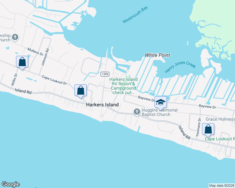 map of restaurants, bars, coffee shops, grocery stores, and more near 101 Fulford Drive in Harkers Island