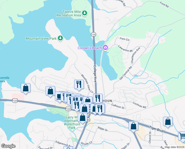 map of restaurants, bars, coffee shops, grocery stores, and more near 100 Lakeview Circle in Clemson