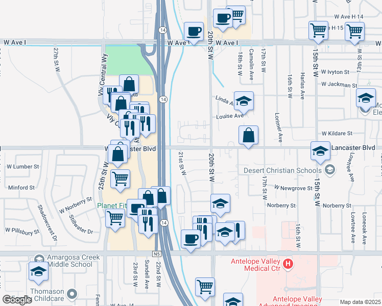 map of restaurants, bars, coffee shops, grocery stores, and more near 2046 West Lancaster Boulevard in Lancaster