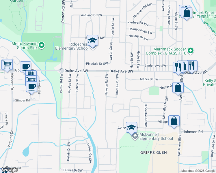 map of restaurants, bars, coffee shops, grocery stores, and more near 3901 Newson Road Southwest in Huntsville