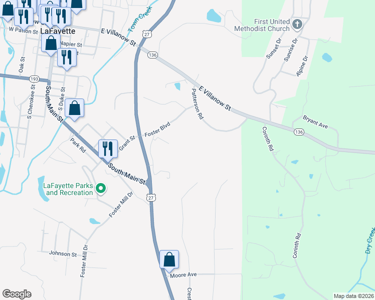 map of restaurants, bars, coffee shops, grocery stores, and more near 217 Foster Boulevard in LaFayette
