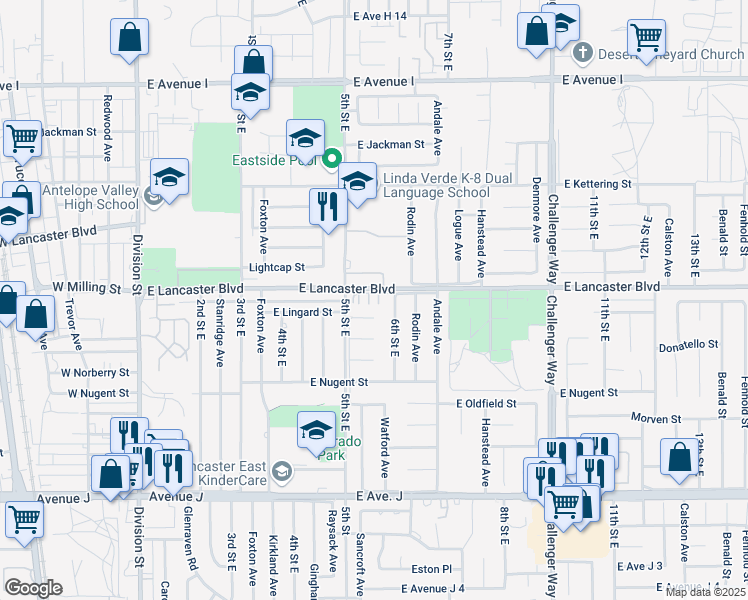 map of restaurants, bars, coffee shops, grocery stores, and more near 540 East Lancaster Boulevard in Lancaster