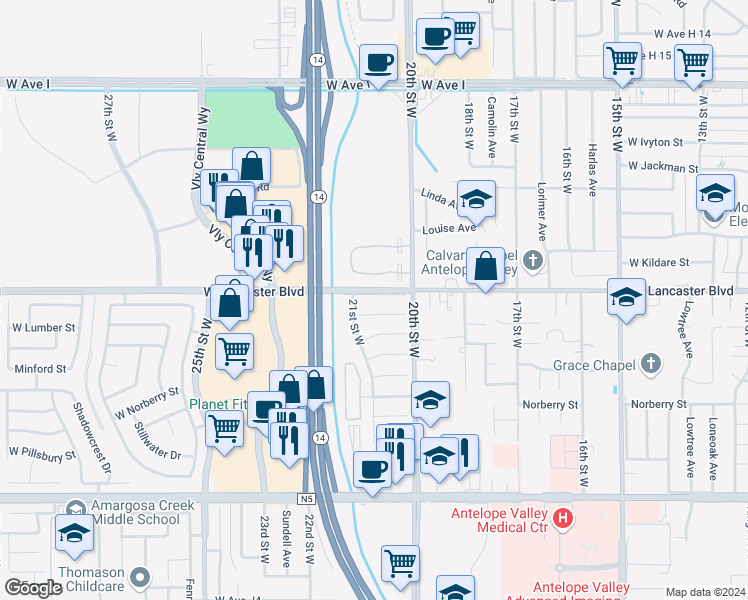map of restaurants, bars, coffee shops, grocery stores, and more near 2046 West Lancaster Boulevard in Lancaster
