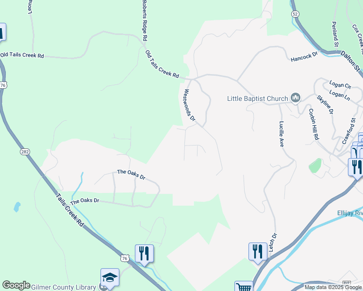 map of restaurants, bars, coffee shops, grocery stores, and more near 140 Woodland Drive in Ellijay