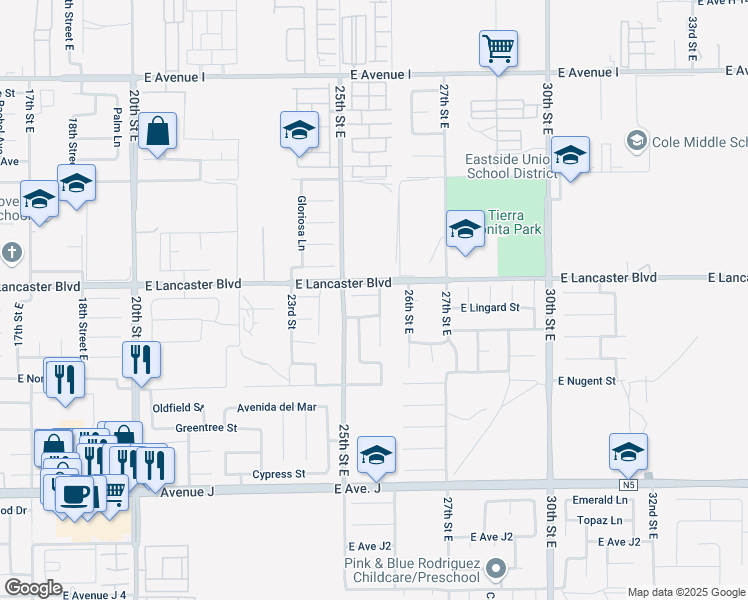 map of restaurants, bars, coffee shops, grocery stores, and more near 44743 Cerisa Street in Lancaster