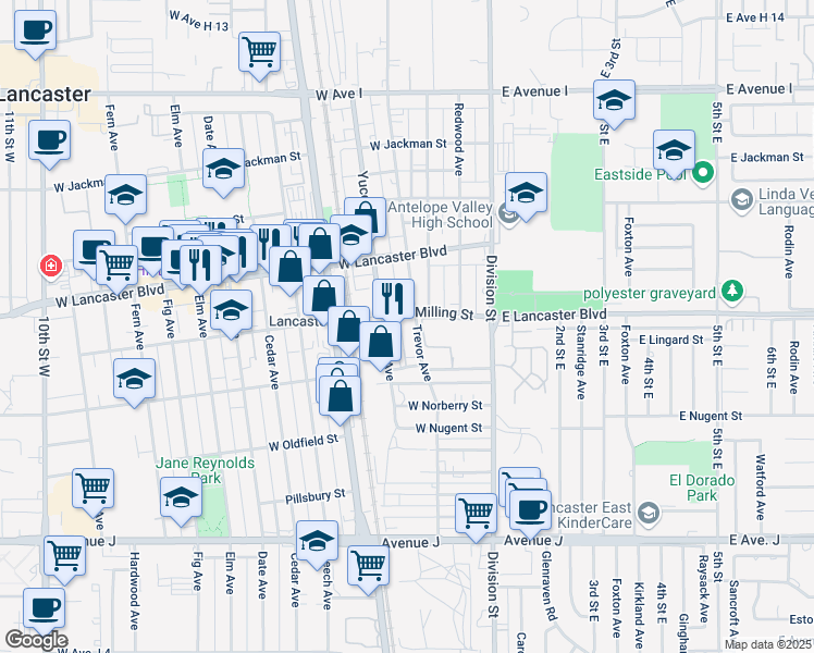 map of restaurants, bars, coffee shops, grocery stores, and more near 44797 Trevor Avenue in Lancaster