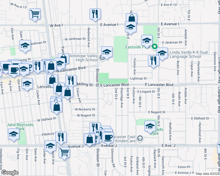 map of restaurants, bars, coffee shops, grocery stores, and more near 164 East Lancaster Boulevard in Lancaster