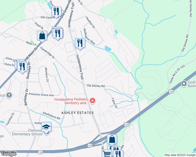 map of restaurants, bars, coffee shops, grocery stores, and more near 106 Smoke Rise Lane in Central