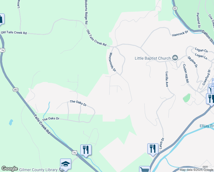 map of restaurants, bars, coffee shops, grocery stores, and more near 140 Woodland Drive in Ellijay