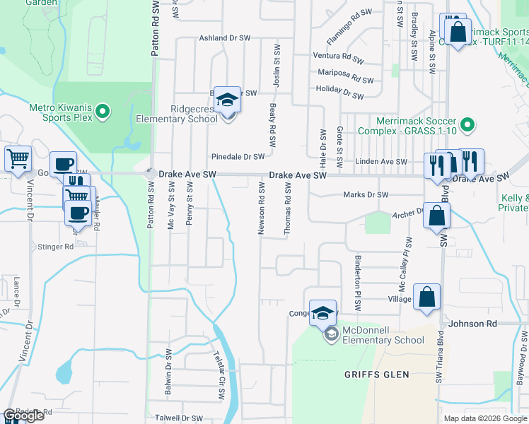 map of restaurants, bars, coffee shops, grocery stores, and more near 3901 Newson Road Southwest in Huntsville