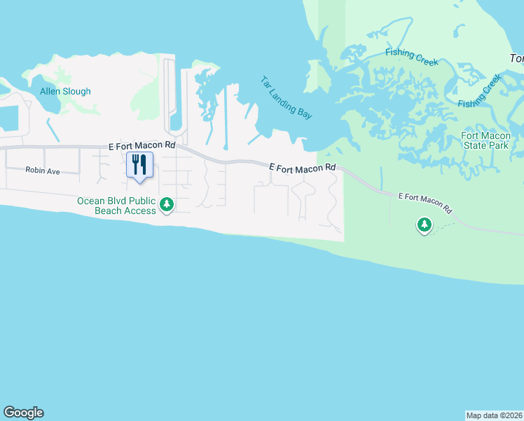 map of restaurants, bars, coffee shops, grocery stores, and more near 1904 East Fort Macon Road in Atlantic Beach