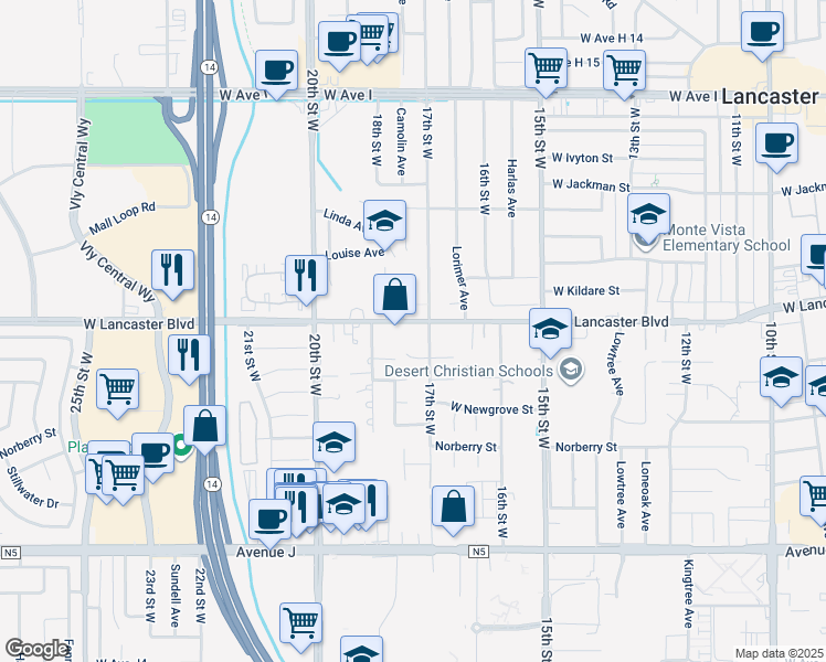 map of restaurants, bars, coffee shops, grocery stores, and more near 1716 West Lancaster Boulevard in Lancaster