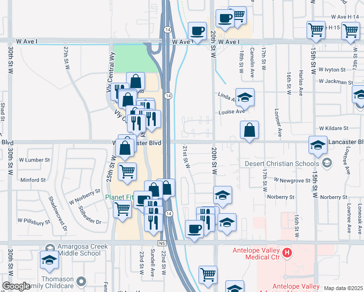 map of restaurants, bars, coffee shops, grocery stores, and more near 44755 21st Street West in Lancaster