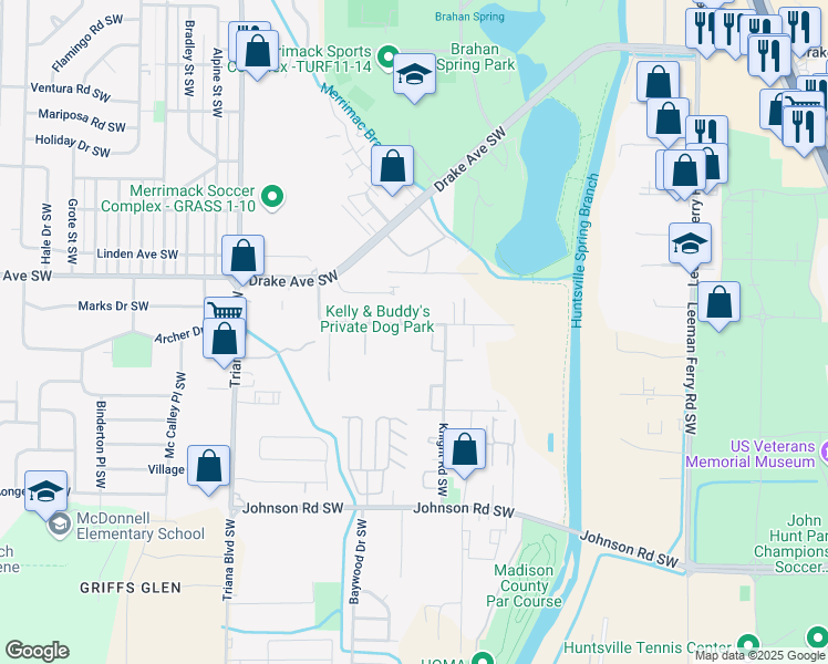 map of restaurants, bars, coffee shops, grocery stores, and more near 2907 Hood Road Southwest in Huntsville