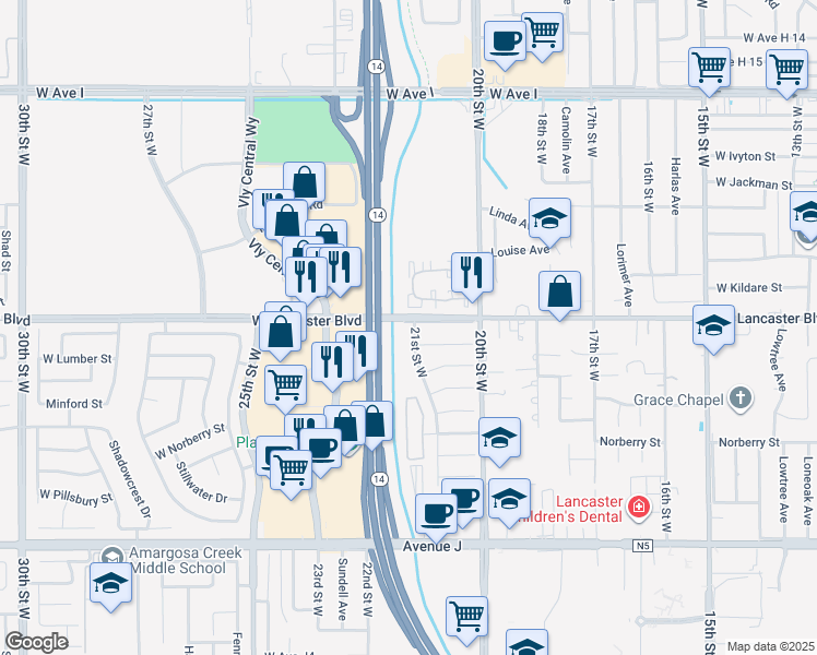 map of restaurants, bars, coffee shops, grocery stores, and more near 44755 21st Street West in Lancaster