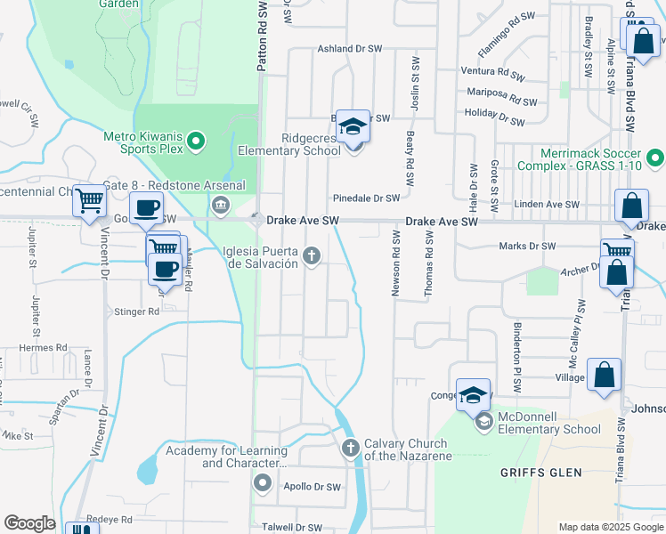 map of restaurants, bars, coffee shops, grocery stores, and more near 3903 Troy Swasey Boulevard Southwest in Huntsville