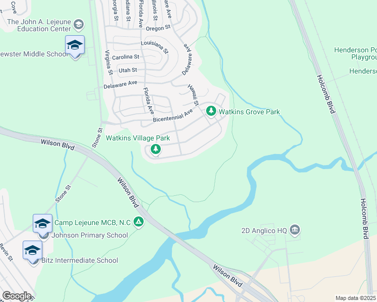 map of restaurants, bars, coffee shops, grocery stores, and more near 6791 Montana Street in Camp Lejeune