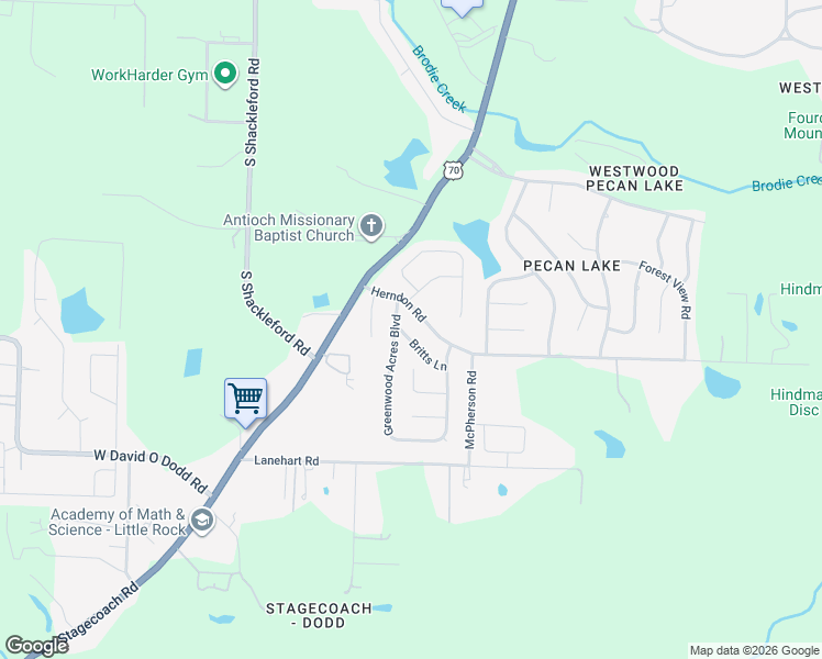 map of restaurants, bars, coffee shops, grocery stores, and more near 6 Britts Lane in Little Rock