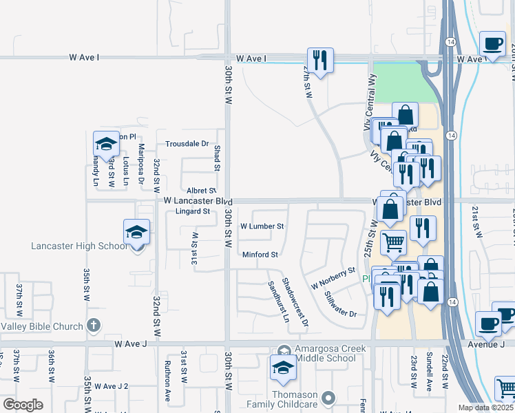 map of restaurants, bars, coffee shops, grocery stores, and more near 2821 W Lingard St in Lancaster