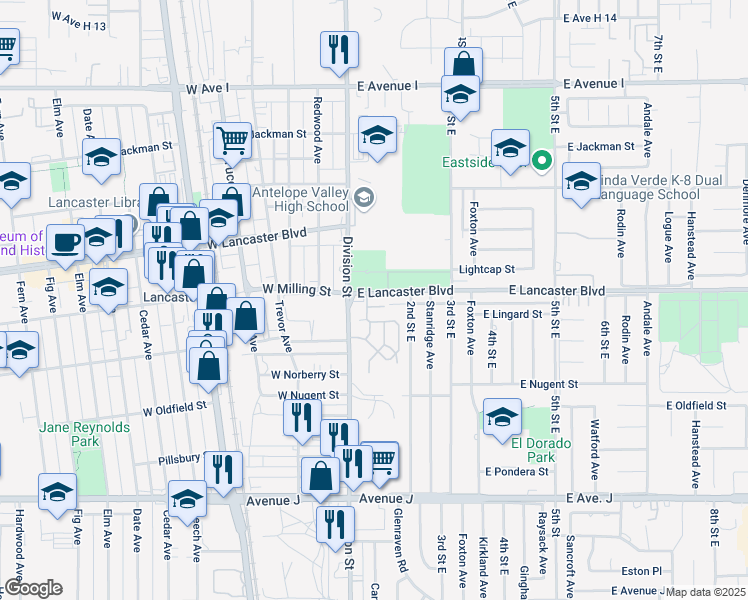 map of restaurants, bars, coffee shops, grocery stores, and more near 126 East Lancaster Boulevard in Lancaster