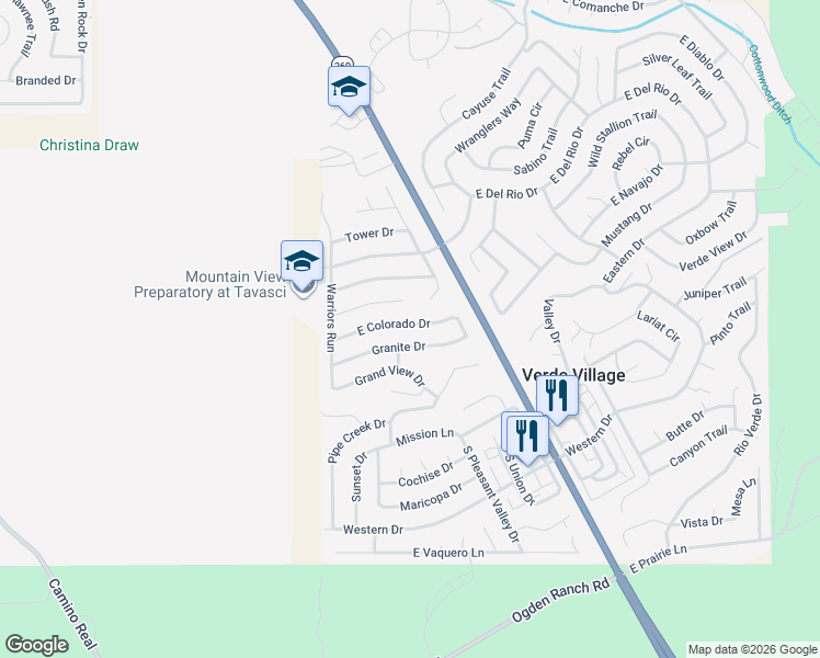 map of restaurants, bars, coffee shops, grocery stores, and more near 3539 East Colorado Drive in Cottonwood