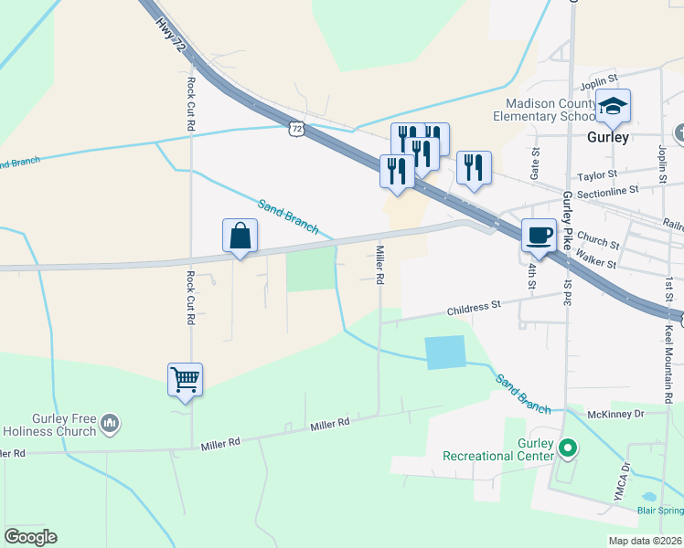 map of restaurants, bars, coffee shops, grocery stores, and more near 280 Little Cove Road in Gurley
