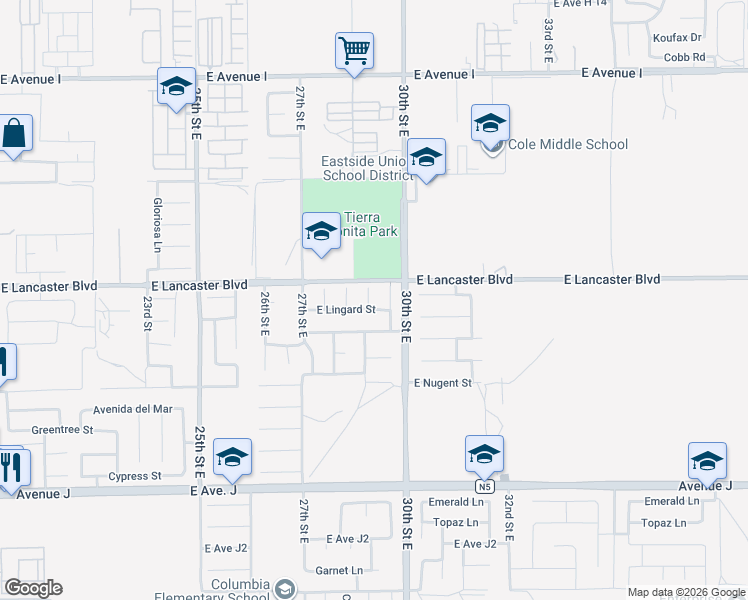 map of restaurants, bars, coffee shops, grocery stores, and more near 44740 Jefferson Court in Lancaster
