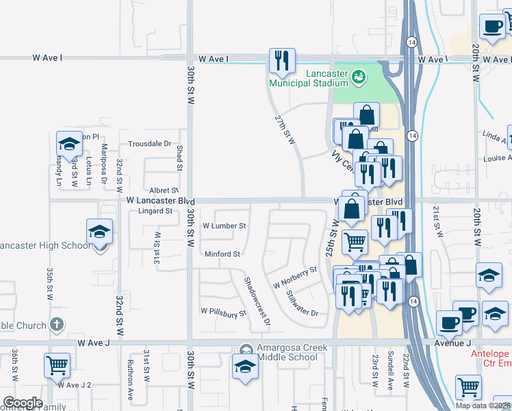 map of restaurants, bars, coffee shops, grocery stores, and more near 44762 Shadowcrest Drive in Lancaster
