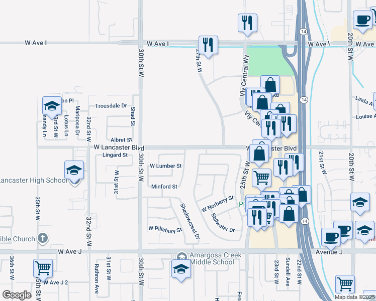 map of restaurants, bars, coffee shops, grocery stores, and more near 44762 Shadowcrest Drive in Lancaster