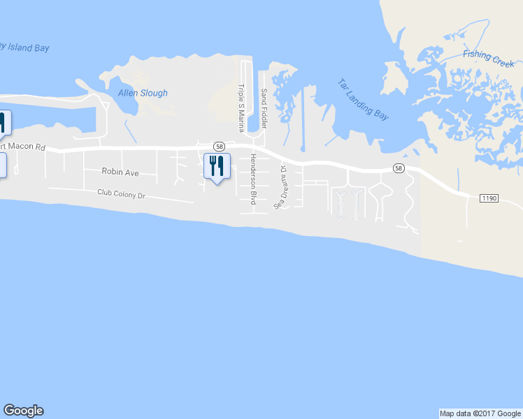 map of restaurants, bars, coffee shops, grocery stores, and more near 203 Ocean Boulevard in Atlantic Beach