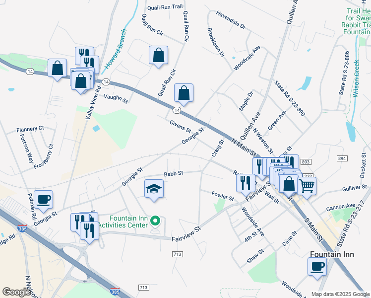 map of restaurants, bars, coffee shops, grocery stores, and more near 211 Georgia Street in Fountain Inn