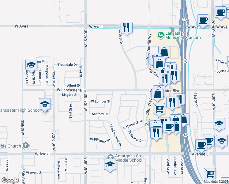 map of restaurants, bars, coffee shops, grocery stores, and more near 44762 Shadowcrest Drive in Lancaster