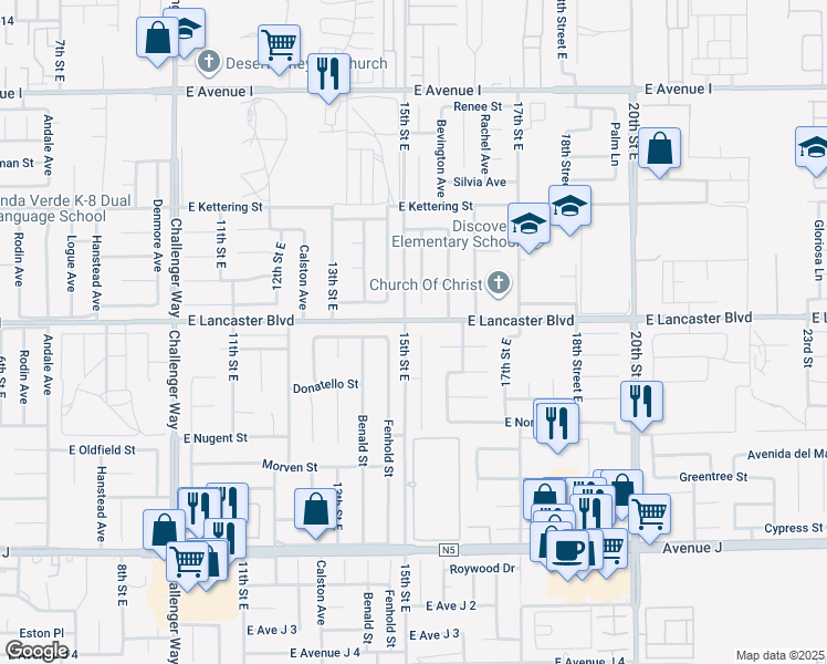 map of restaurants, bars, coffee shops, grocery stores, and more near 44747 Foxboro Court in Lancaster