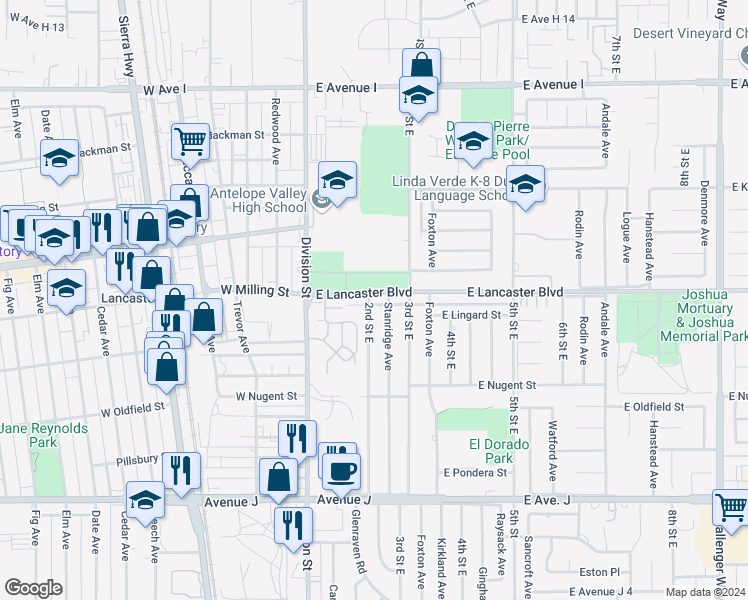map of restaurants, bars, coffee shops, grocery stores, and more near 44756 2nd Street East in Lancaster