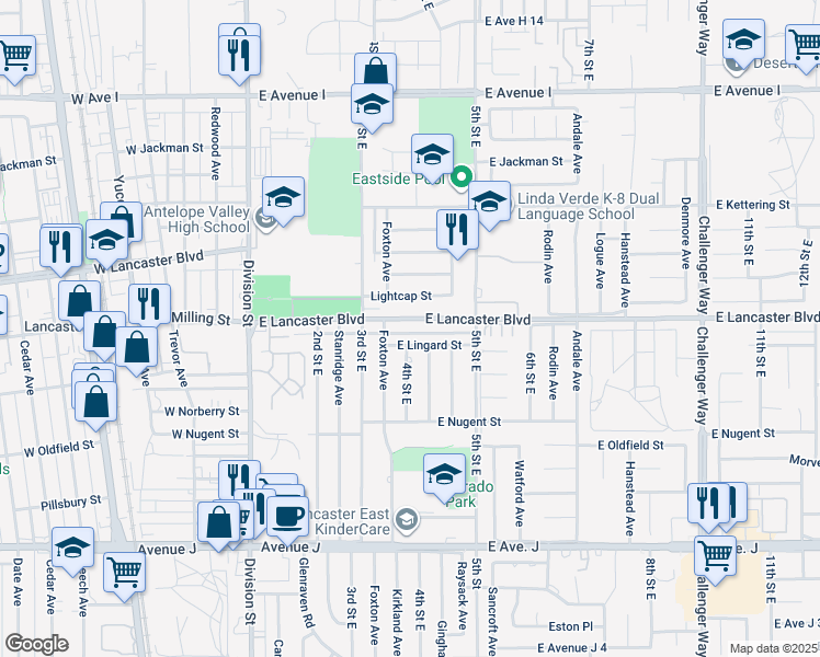 map of restaurants, bars, coffee shops, grocery stores, and more near 420 East Lancaster Boulevard in Lancaster