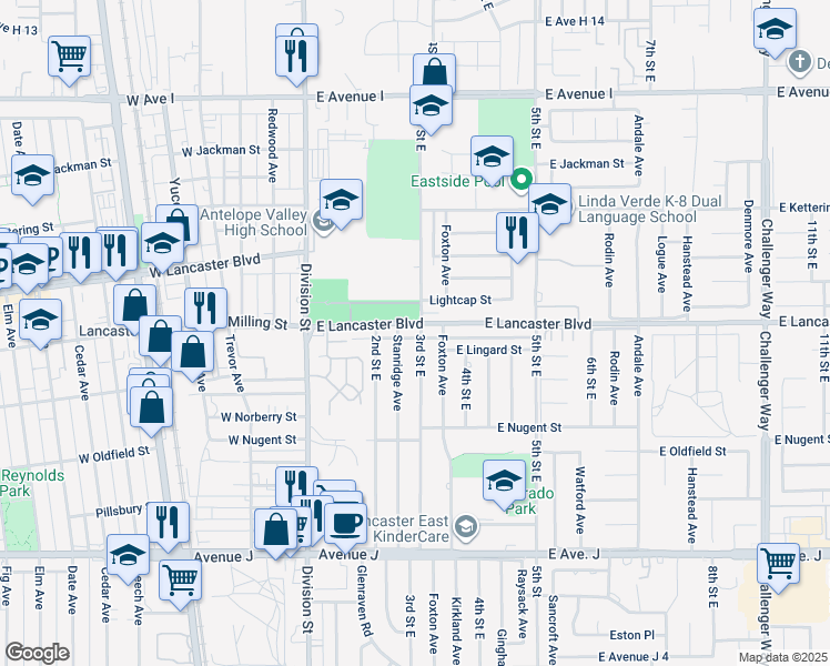 map of restaurants, bars, coffee shops, grocery stores, and more near 232 East Lancaster Boulevard in Lancaster