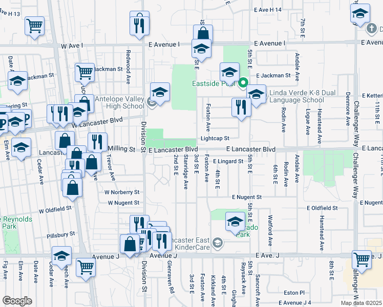 map of restaurants, bars, coffee shops, grocery stores, and more near 232 East Lancaster Boulevard in Lancaster