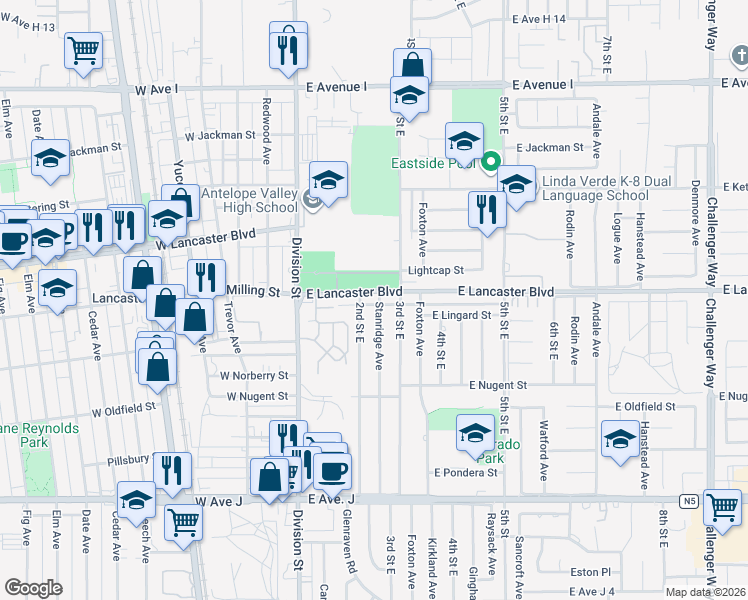 map of restaurants, bars, coffee shops, grocery stores, and more near 232 East Lancaster Boulevard in Lancaster