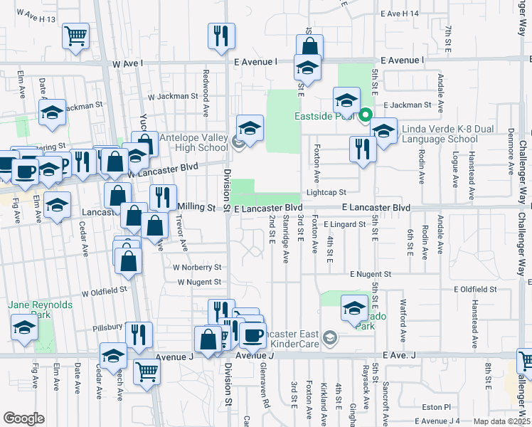 map of restaurants, bars, coffee shops, grocery stores, and more near 164 East Lancaster Boulevard in Lancaster