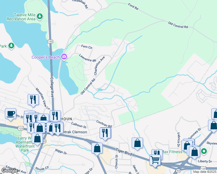 map of restaurants, bars, coffee shops, grocery stores, and more near 809 Creekside Drive in Clemson