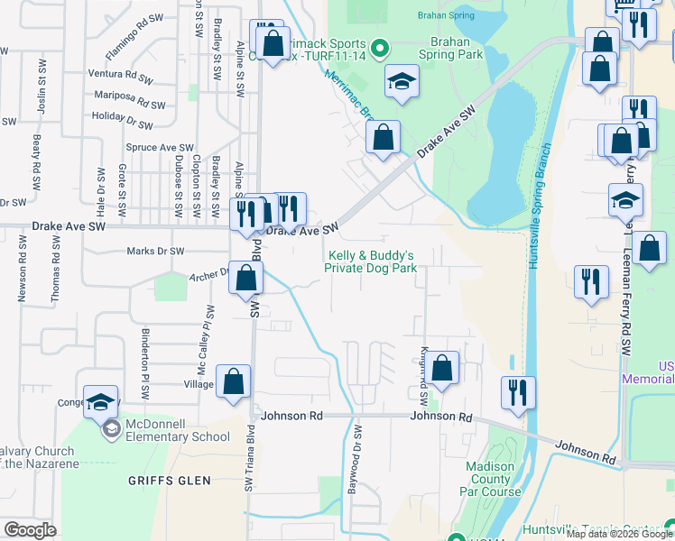 map of restaurants, bars, coffee shops, grocery stores, and more near 2818 Hood Road Southwest in Huntsville