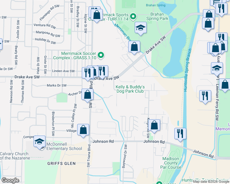 map of restaurants, bars, coffee shops, grocery stores, and more near 2818 Hood Road Southwest in Huntsville