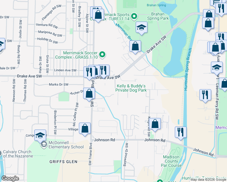 map of restaurants, bars, coffee shops, grocery stores, and more near 3806 Cobb Road in Huntsville