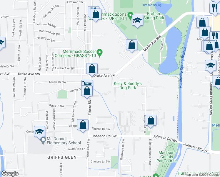 map of restaurants, bars, coffee shops, grocery stores, and more near 3806 Cobb Road in Huntsville